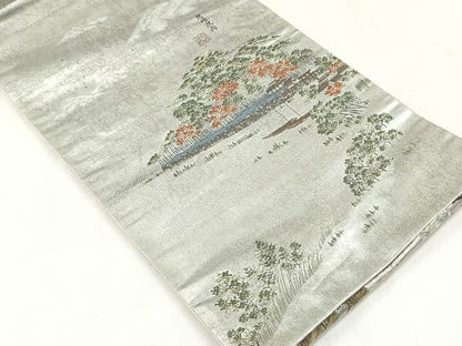 平和屋着物◎六通柄袋帯　綴れ　遠山草木文　銀糸　正絹　逸品　未使用　CABJ6398yk
