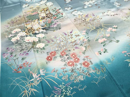 平和屋着物●訪問着　作家物　手描き　御所車草花文　暈し染め　金彩　正絹　逸品　CABJ6423ut