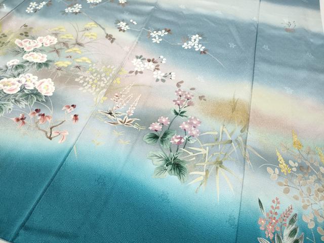 平和屋着物●訪問着　作家物　手描き　御所車草花文　暈し染め　金彩　正絹　逸品　CABJ6423ut