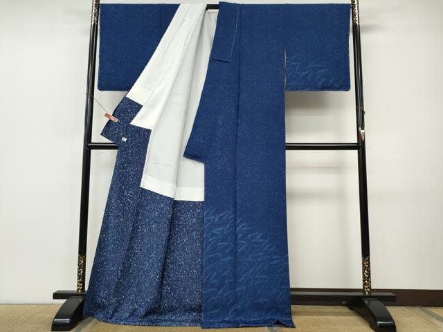 平和屋着物●訪問着　藍　型染め　草葉文　ロング丈　正絹　逸品　未使用　CABJ6425ut