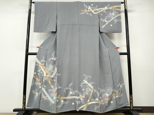 平和屋着物●訪問着　駒刺繍　熨斗花鳥文　金彩　正絹　逸品　CABJ6427ut
