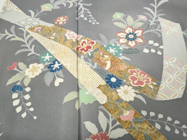平和屋着物●訪問着　駒刺繍　熨斗花鳥文　金彩　正絹　逸品　CABJ6427ut