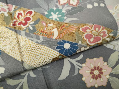 平和屋着物●訪問着　駒刺繍　熨斗花鳥文　金彩　正絹　逸品　CABJ6427ut