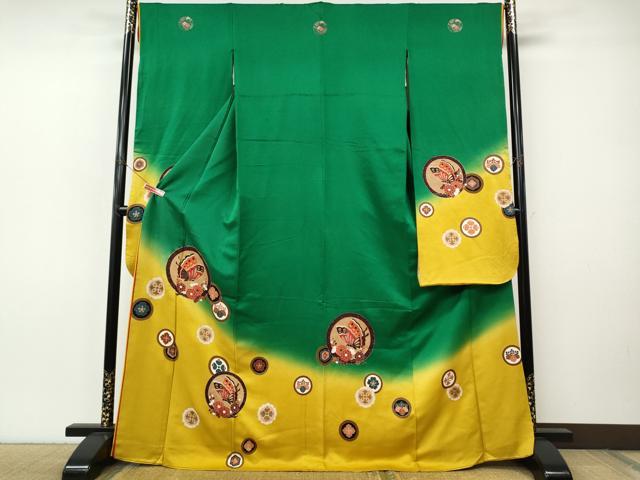 平和屋着物●豪華振袖　駒刺繍　花蝶丸文　暈し染め　十二単風　正絹　逸品　CABJ6432ut