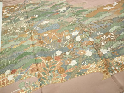 平和屋着物●中国三大刺繍　スワトウ刺繍　色留袖　草花文　金彩　正絹　逸品　CABJ6435ut