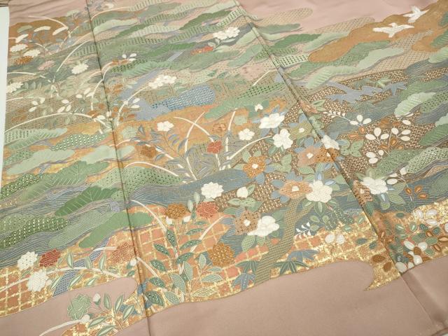 平和屋着物●中国三大刺繍　スワトウ刺繍　色留袖　草花文　金彩　正絹　逸品　CABJ6435ut