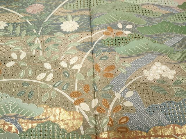 平和屋着物●中国三大刺繍　スワトウ刺繍　色留袖　草花文　金彩　正絹　逸品　CABJ6435ut