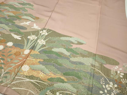 平和屋着物●中国三大刺繍　スワトウ刺繍　色留袖　草花文　金彩　正絹　逸品　CABJ6435ut