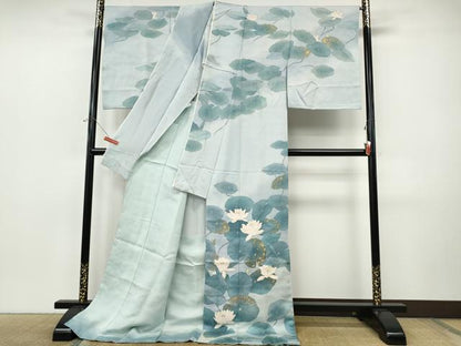 平和屋着物●訪問着　作家物　東京都工芸染色共同組合　蓮　暈し染め　金彩　仮絵羽　正絹　逸品　未使用　CABJ6438ut