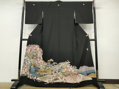 平和屋着物●豪華黒留袖　友禅　作家物　風景草花文　正絹　逸品　CABJ6441ut