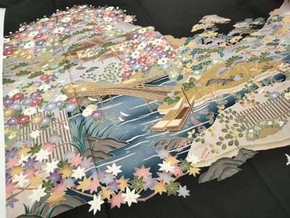 平和屋着物●豪華黒留袖　友禅　作家物　風景草花文　正絹　逸品　CABJ6441ut