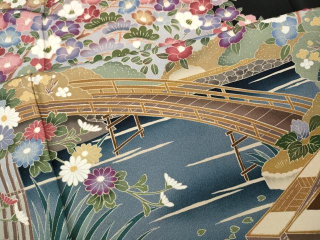 平和屋着物●豪華黒留袖　友禅　作家物　風景草花文　正絹　逸品　CABJ6441ut