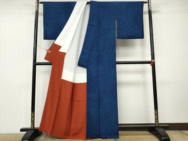 平和屋着物●上質な小紋　藍　型染め　更紗花文　鬼しぼ縮緬　正絹　逸品　CABJ6474ut