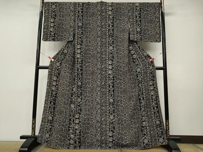 平和屋着物●上質な小紋　更紗花鳥間道　黒地　正絹　逸品　CABJ6478ut