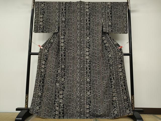 平和屋着物●上質な小紋　更紗花鳥間道　黒地　正絹　逸品　CABJ6478ut