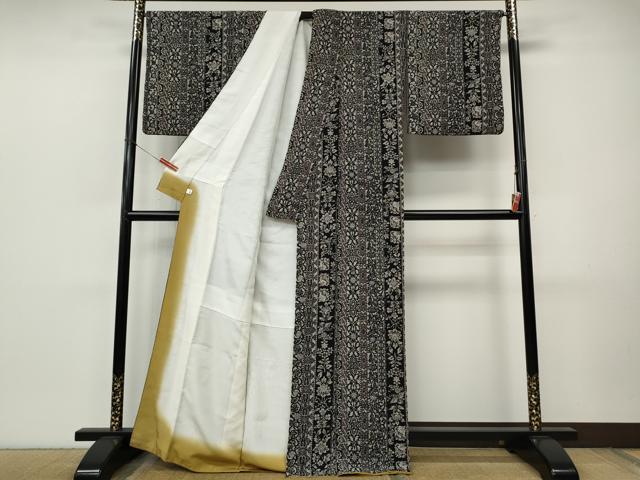 平和屋着物●上質な小紋　更紗花鳥間道　黒地　正絹　逸品　CABJ6478ut