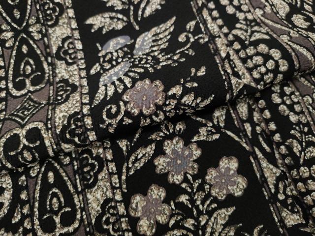 平和屋着物●上質な小紋　更紗花鳥間道　黒地　正絹　逸品　CABJ6478ut