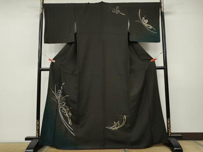 平和屋着物●訪問着　舞蝶文　暈し染め　黒地　金銀彩　正絹　逸品　CABJ6480ut