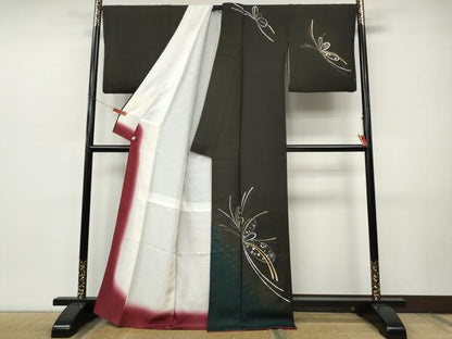 平和屋着物●訪問着　舞蝶文　暈し染め　黒地　金銀彩　正絹　逸品　CABJ6480ut