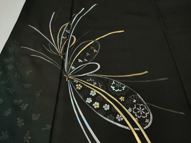 平和屋着物●訪問着　舞蝶文　暈し染め　黒地　金銀彩　正絹　逸品　CABJ6480ut