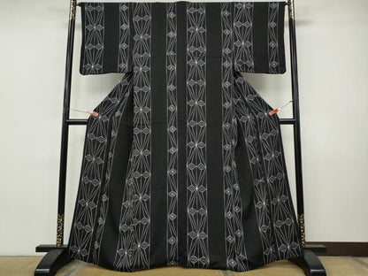 平和屋着物●上質な小紋　絞り　吉祥花間道　黒地　正絹　逸品　CABJ6498ut