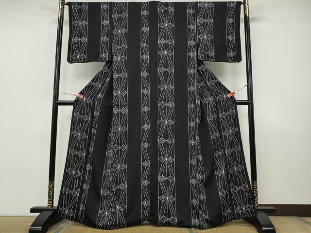 平和屋着物●上質な小紋　絞り　吉祥花間道　黒地　正絹　逸品　CABJ6498ut