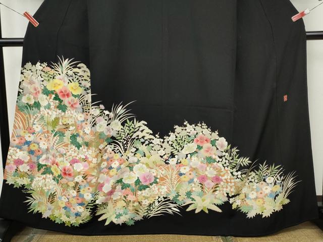 平和屋着物●本加賀友禅作家　直江良三　黒留袖　草花文　正絹　逸品　CABJ6507ut