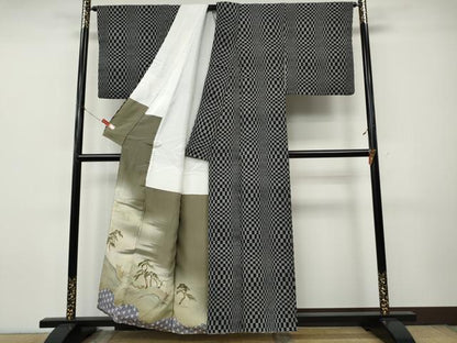 平和屋着物●上質な小紋　変わり市松　黒地　正絹　逸品　CABJ6537ut