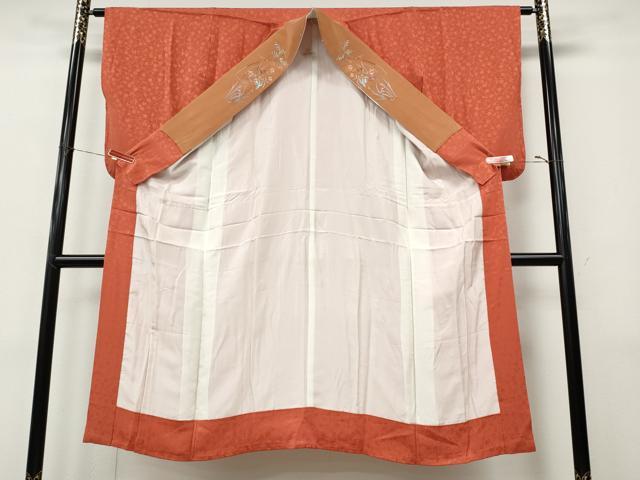平和屋着物●長襦袢　袷　花唐草地紋　鉛丹色　半衿刺繍　正絹　逸品　CABJ6539ut