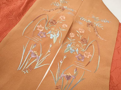 平和屋着物●長襦袢　袷　花唐草地紋　鉛丹色　半衿刺繍　正絹　逸品　CABJ6539ut