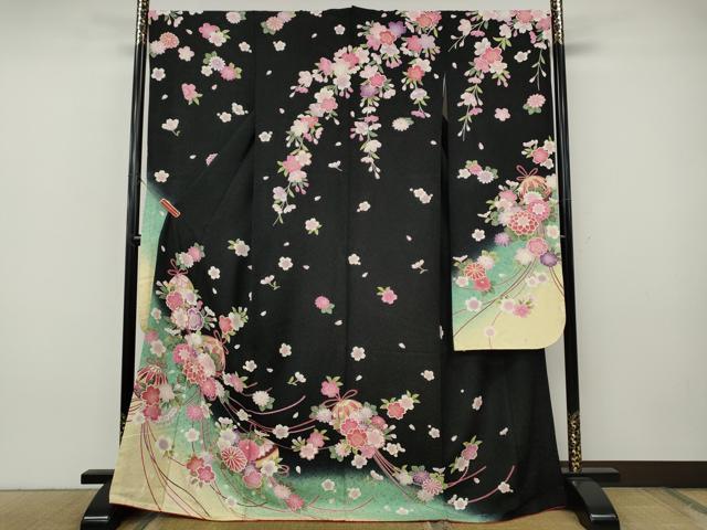 平和屋着物●豪華振袖　花鞠文　暈し染め　黒地　金通し地　正絹　逸品　CABJ6548ut