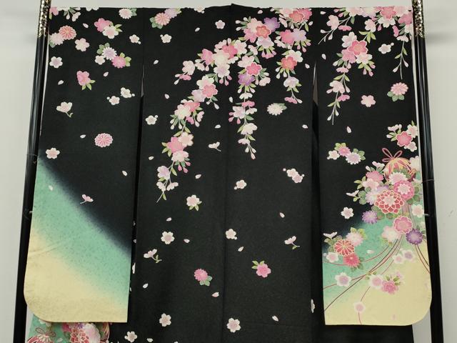 平和屋着物●豪華振袖　花鞠文　暈し染め　黒地　金通し地　正絹　逸品　CABJ6548ut