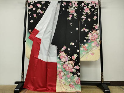 平和屋着物●豪華振袖　花鞠文　暈し染め　黒地　金通し地　正絹　逸品　CABJ6548ut