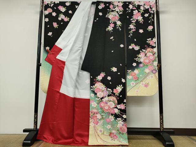 平和屋着物●豪華振袖　花鞠文　暈し染め　黒地　金通し地　正絹　逸品　CABJ6548ut