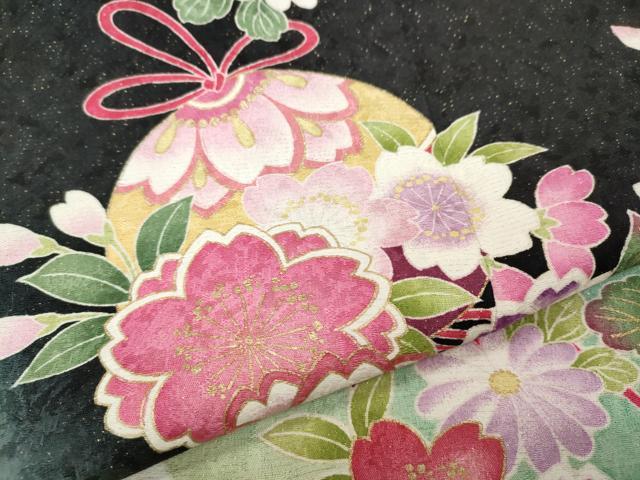 平和屋着物●豪華振袖　花鞠文　暈し染め　黒地　金通し地　正絹　逸品　CABJ6548ut