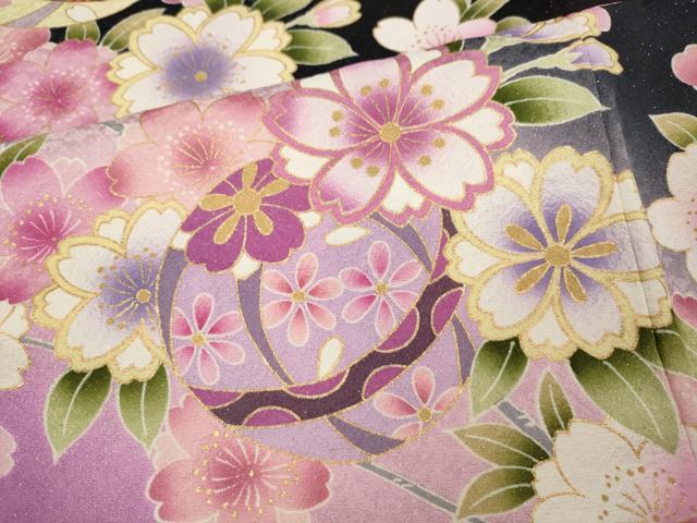 平和屋着物●豪華振袖　駒刺繍　枝花鞠文　暈し染め　黒地　銀通し地　正絹　逸品　CABJ6550ut