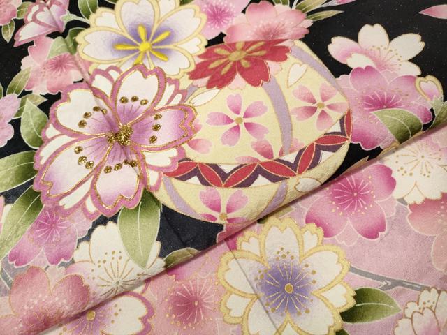 平和屋着物●豪華振袖　駒刺繍　枝花鞠文　暈し染め　黒地　銀通し地　正絹　逸品　CABJ6550ut