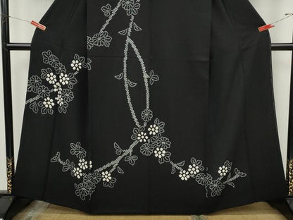 平和屋着物●訪問着　総絞り　枝花文　黒地　正絹　逸品　CABJ6555ut
