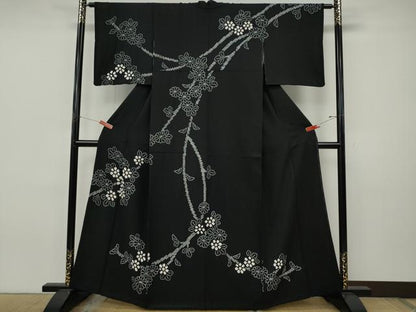 平和屋着物●訪問着　総絞り　枝花文　黒地　正絹　逸品　CABJ6555ut