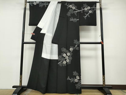 平和屋着物●訪問着　総絞り　枝花文　黒地　正絹　逸品　CABJ6555ut