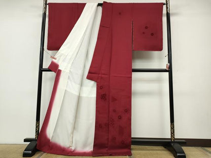 平和屋着物●無地絵羽訪問着　ビロード　屏風花地紋　真紅色　ロング丈　正絹　逸品　CABJ6560ut