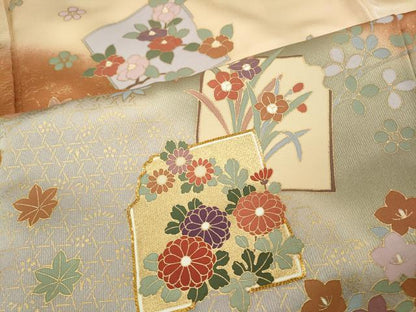 平和屋着物●訪問着　駒刺繍　破れ色紙草花文　暈し染め　金彩　正絹　逸品　CABJ6563ut