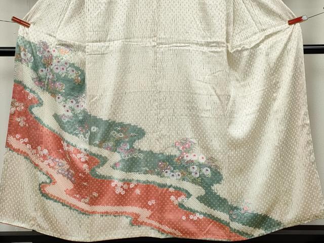 平和屋着物●訪問着　杢目絞り　流水草花文　金銀彩　正絹　逸品　CABJ6575ut