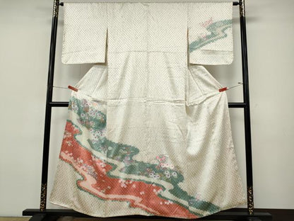 平和屋着物●訪問着　杢目絞り　流水草花文　金銀彩　正絹　逸品　CABJ6575ut
