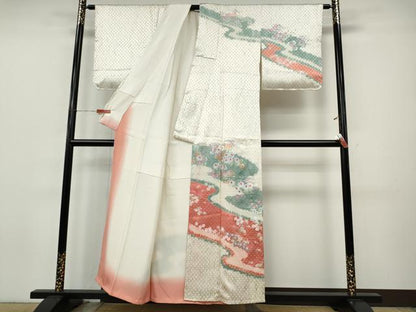 平和屋着物●訪問着　杢目絞り　流水草花文　金銀彩　正絹　逸品　CABJ6575ut