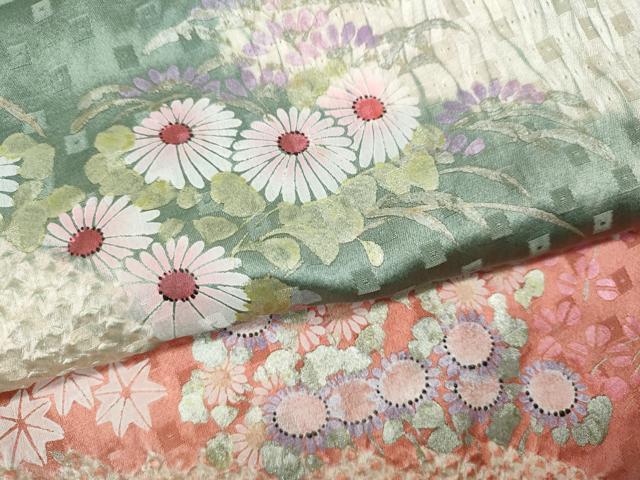 平和屋着物●訪問着　杢目絞り　流水草花文　金銀彩　正絹　逸品　CABJ6575ut