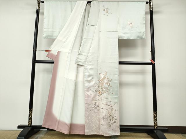 平和屋着物●訪問着　駒刺繍　几帳流水花文　暈し染め　金銀彩　正絹　逸品　CABJ6584ut