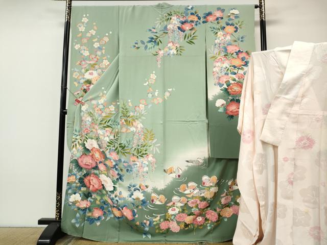 平和屋着物●豪華振袖・長襦袢セット　友禅　作家物　鴛鴦花文　正絹　逸品　CABJ6589ut