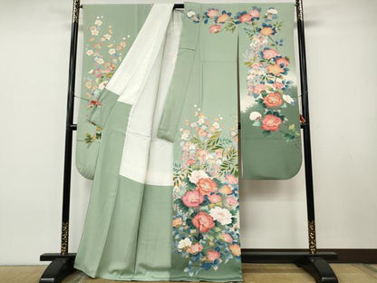 平和屋着物●豪華振袖・長襦袢セット　友禅　作家物　鴛鴦花文　正絹　逸品　CABJ6589ut