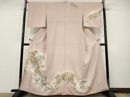平和屋着物●訪問着　道長扇面立波花文　金銀彩　正絹　逸品　CABJ6593ut